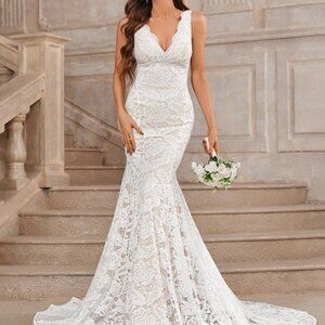 Beige Elegant V-Neck Mermaid Women's Wedding Dress